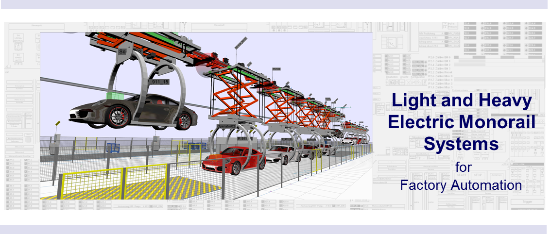 The WinMOD-SIMLINE Library for Electric Monorail Systems (EMS) contains all necessary elements to create and constructive accurate WinMOD-SIMLINE Layout for a given real track layout.