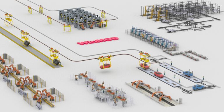 3D-Modell einer Automobilfertigungslinie für den Digitalen Zwilling zur Virtuellen Inbetriebnahme mit WinMod.