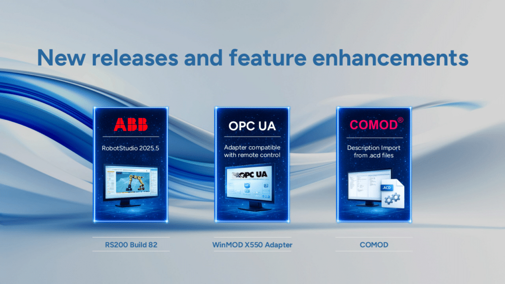 New releases and feature enhancements for WinMOD: RS200 Build 82, OPC UA adapter, and COMOD description import.